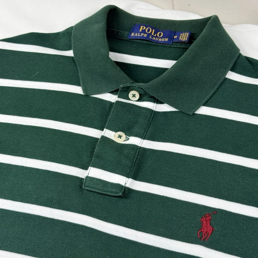 Polo Ralph Lauren Polo Shirt Mens M Green White Stripe Red Pony 100% Cotton Soft